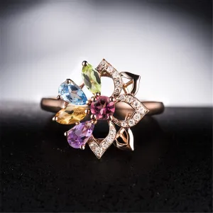 Rainbow Crystal & Cubic Zirconia Flower Adjustable Ring