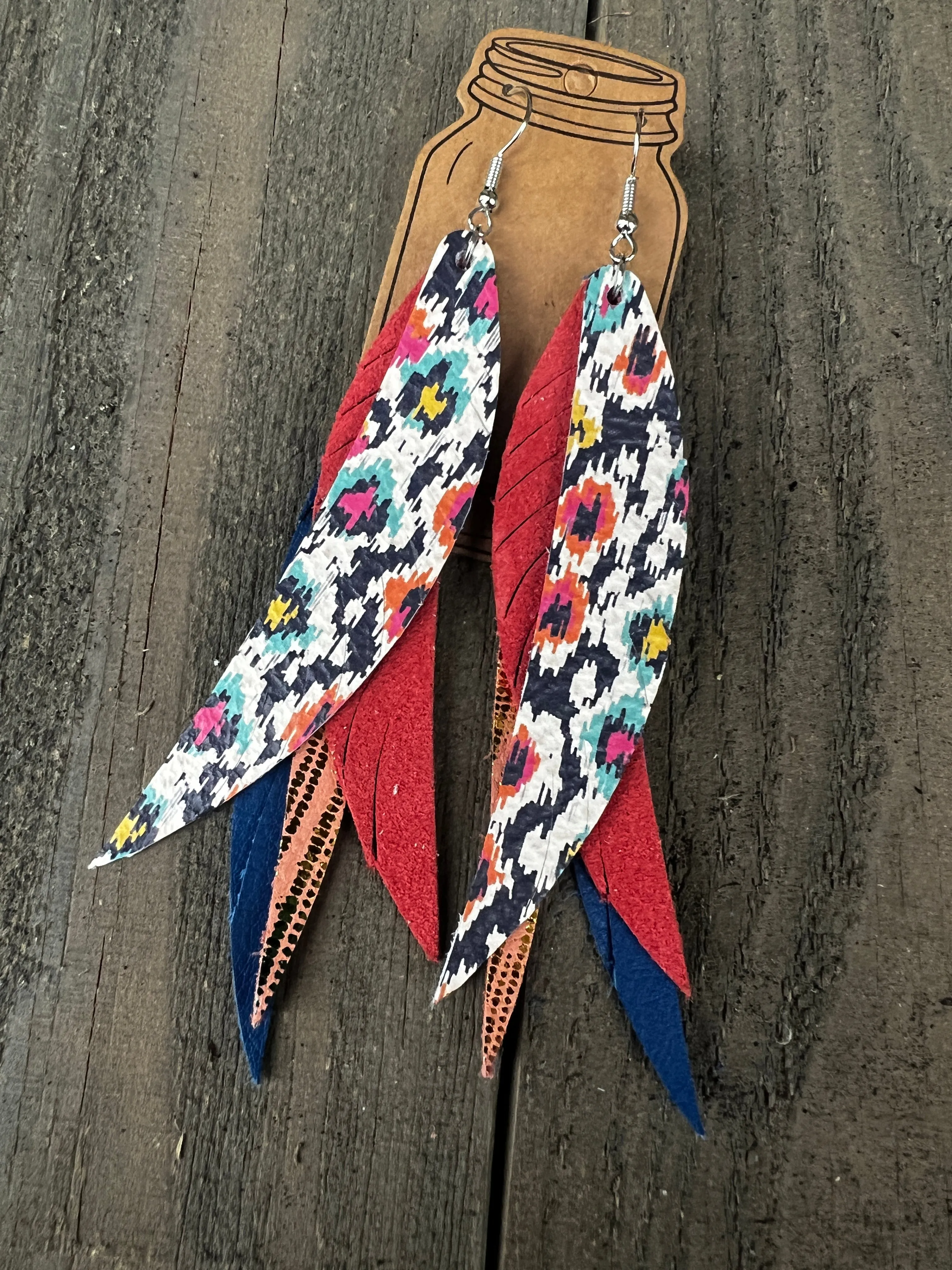 Rainbow Diamond Stacked Fringe Feather Earrings