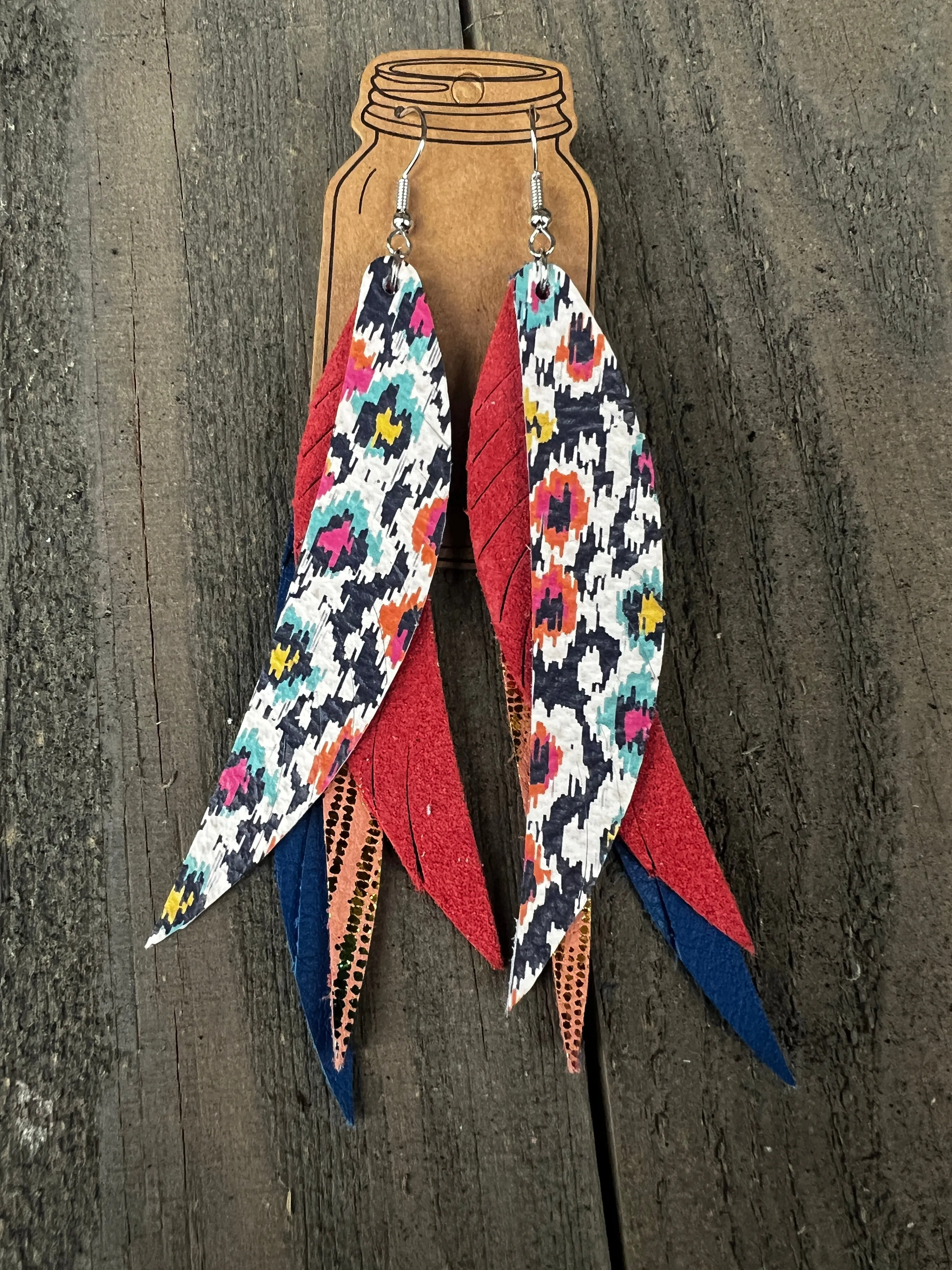 Rainbow Diamond Stacked Fringe Feather Earrings