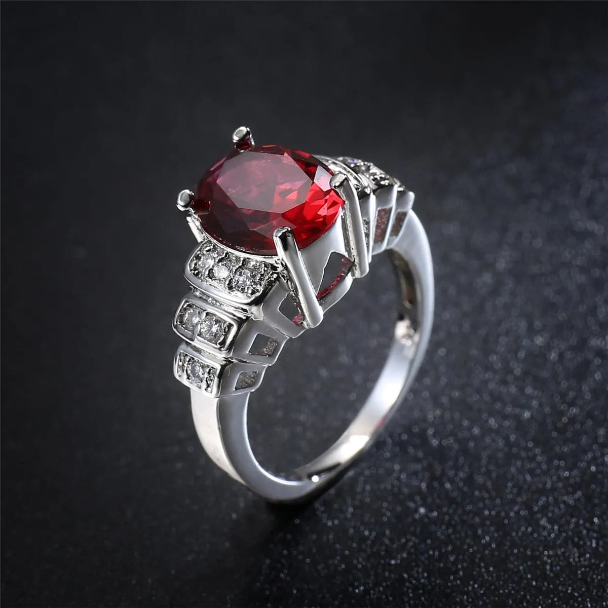 Red Corundum & Cubic Zirconia Oval Ring