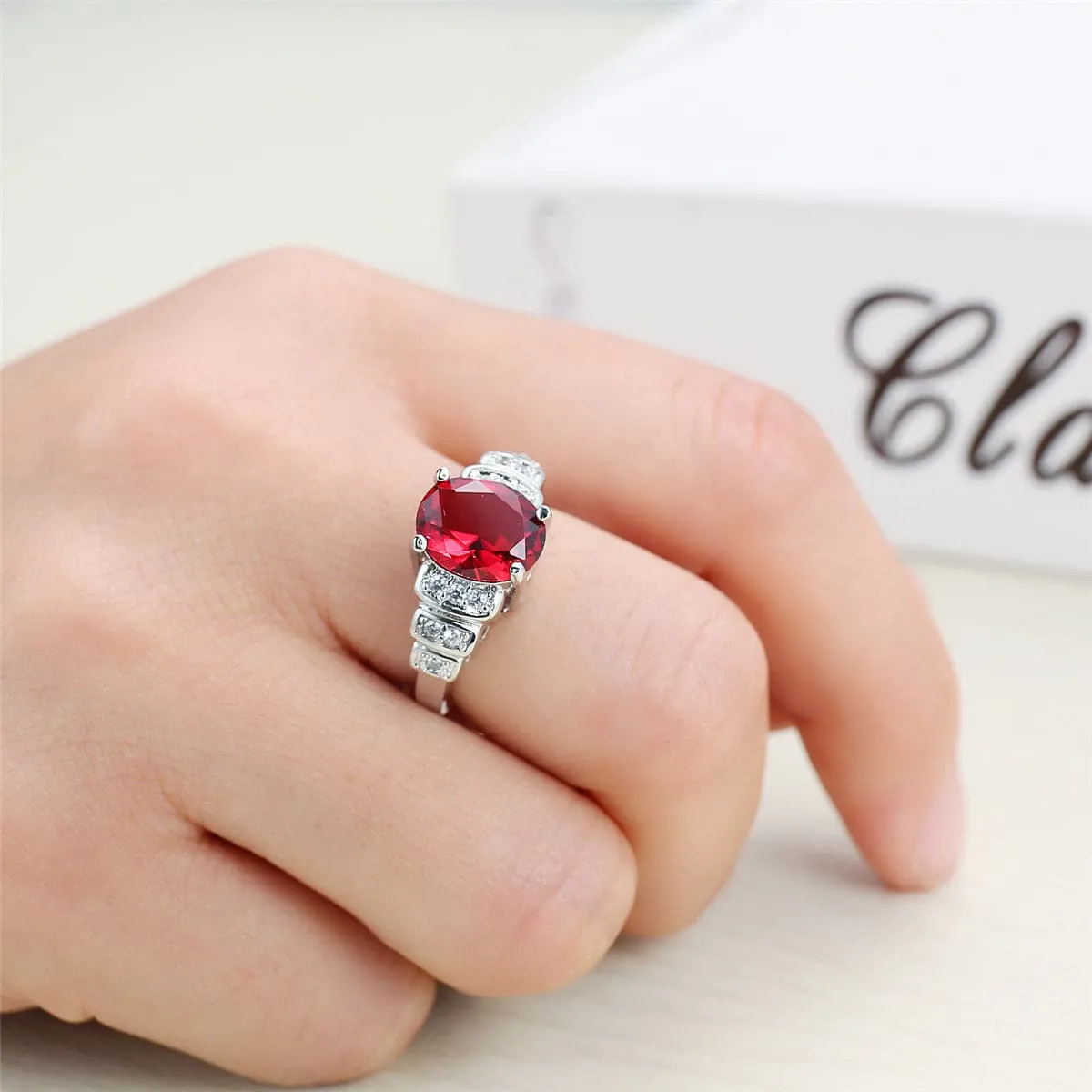 Red Corundum & Cubic Zirconia Oval Ring