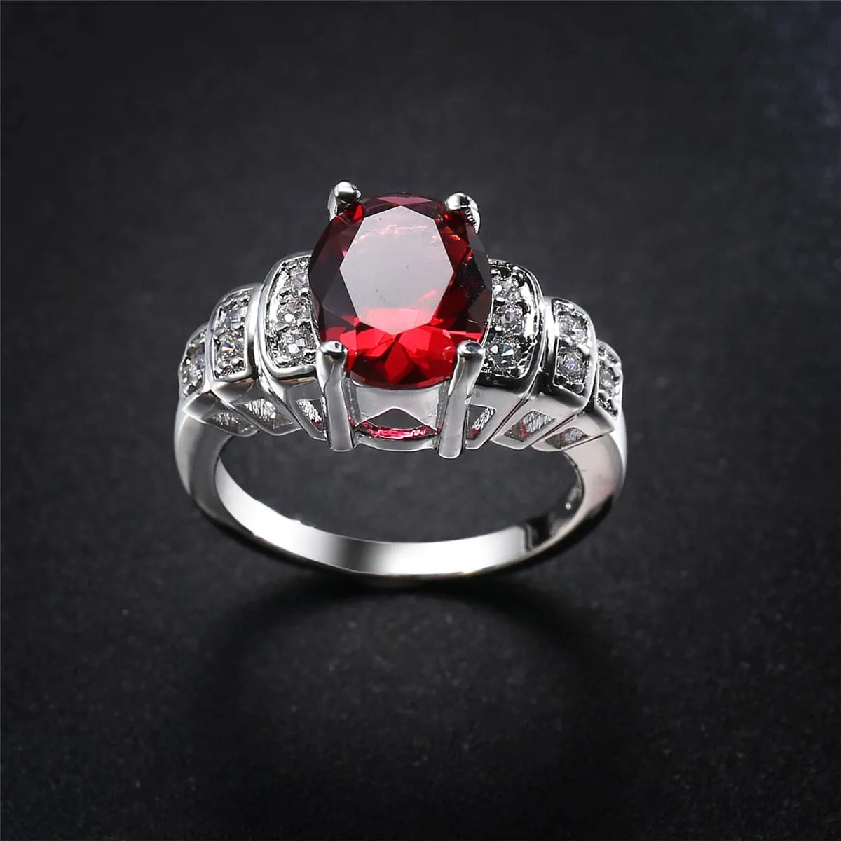Red Corundum & Cubic Zirconia Oval Ring