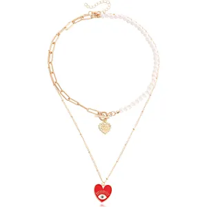 Red Enamel & Pearl Evil Eye Heart Pendant Necklace Set
