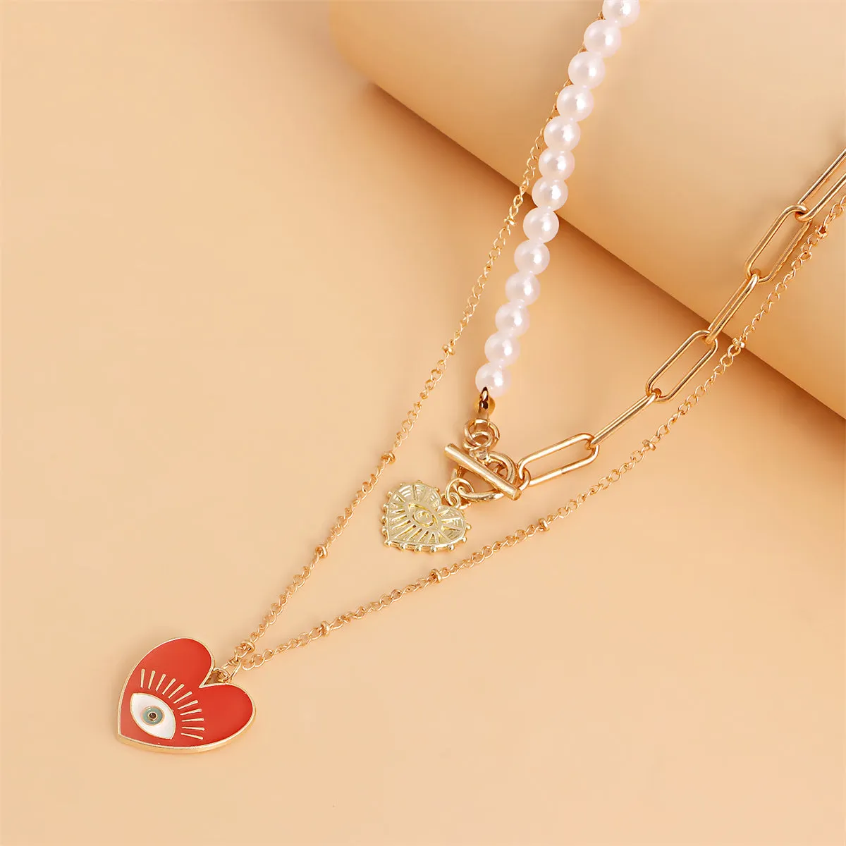 Red Enamel & Pearl Evil Eye Heart Pendant Necklace Set