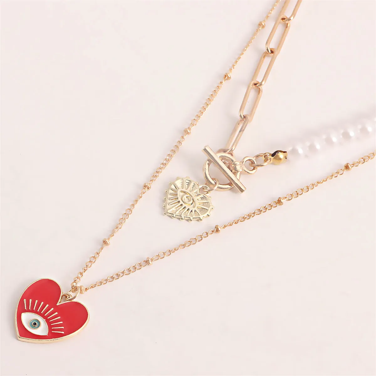 Red Enamel & Pearl Evil Eye Heart Pendant Necklace Set