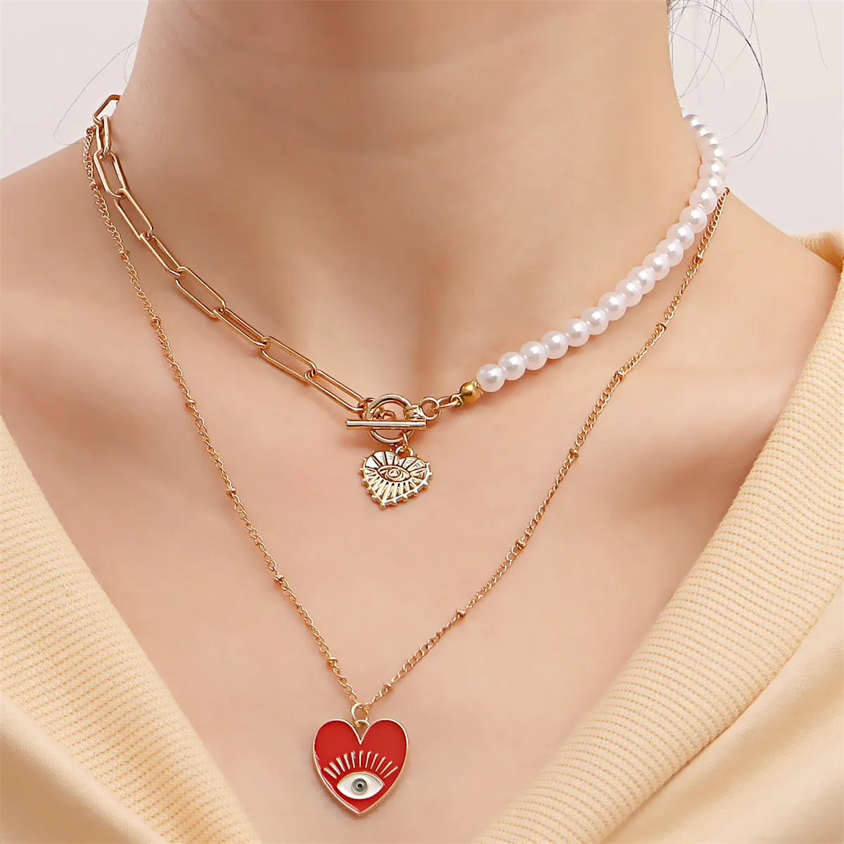 Red Enamel & Pearl Evil Eye Heart Pendant Necklace Set