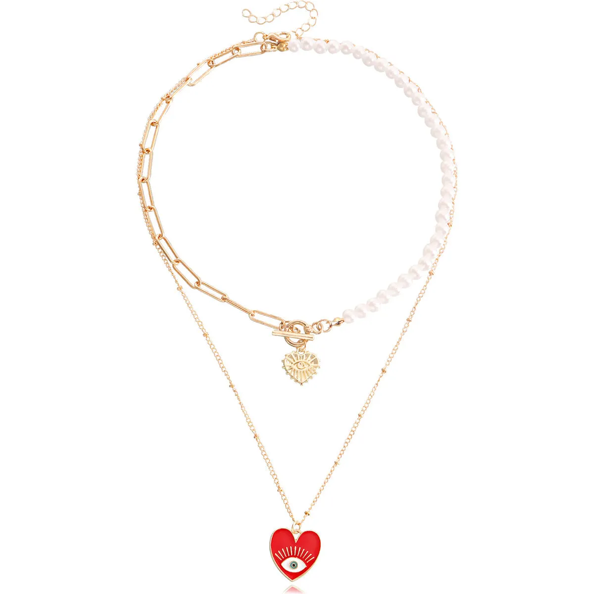 Red Enamel & Pearl Evil Eye Heart Pendant Necklace Set