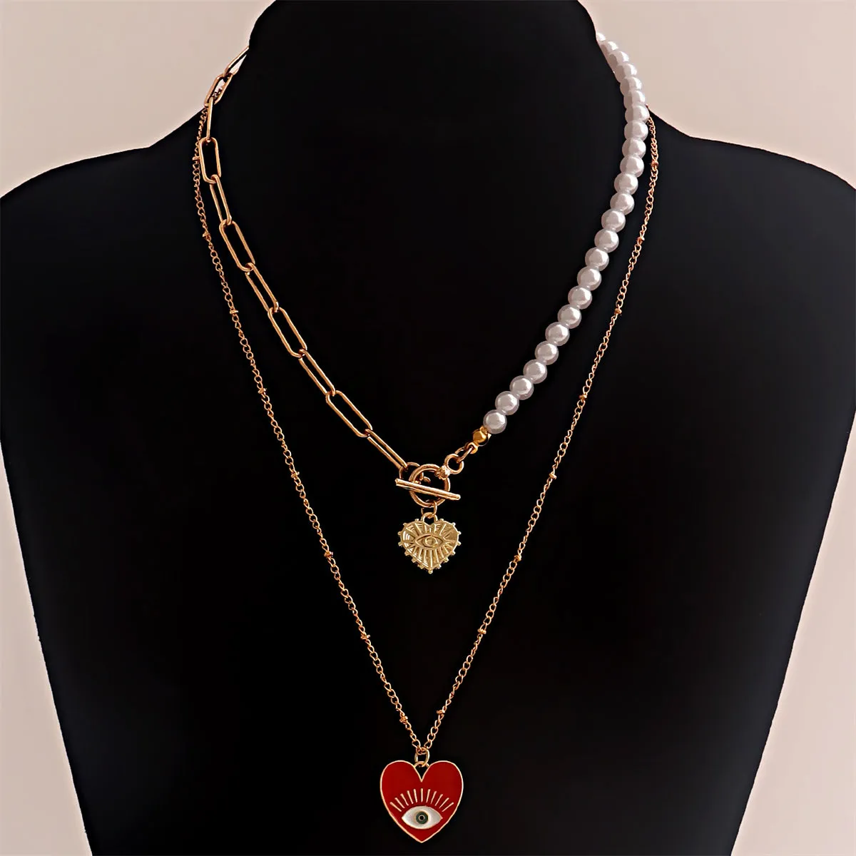 Red Enamel & Pearl Evil Eye Heart Pendant Necklace Set