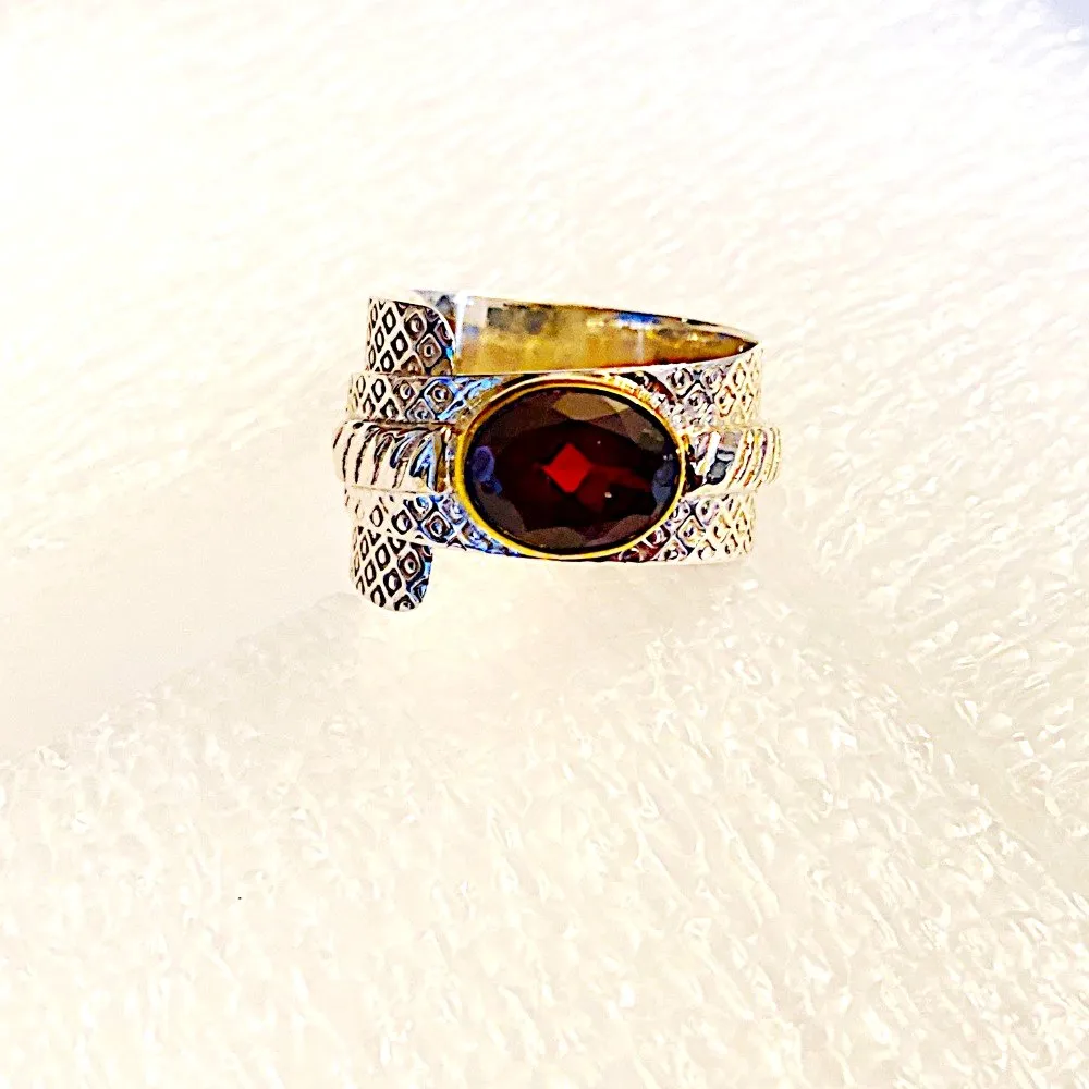 Red Garnet and Silver Adjustable Ring