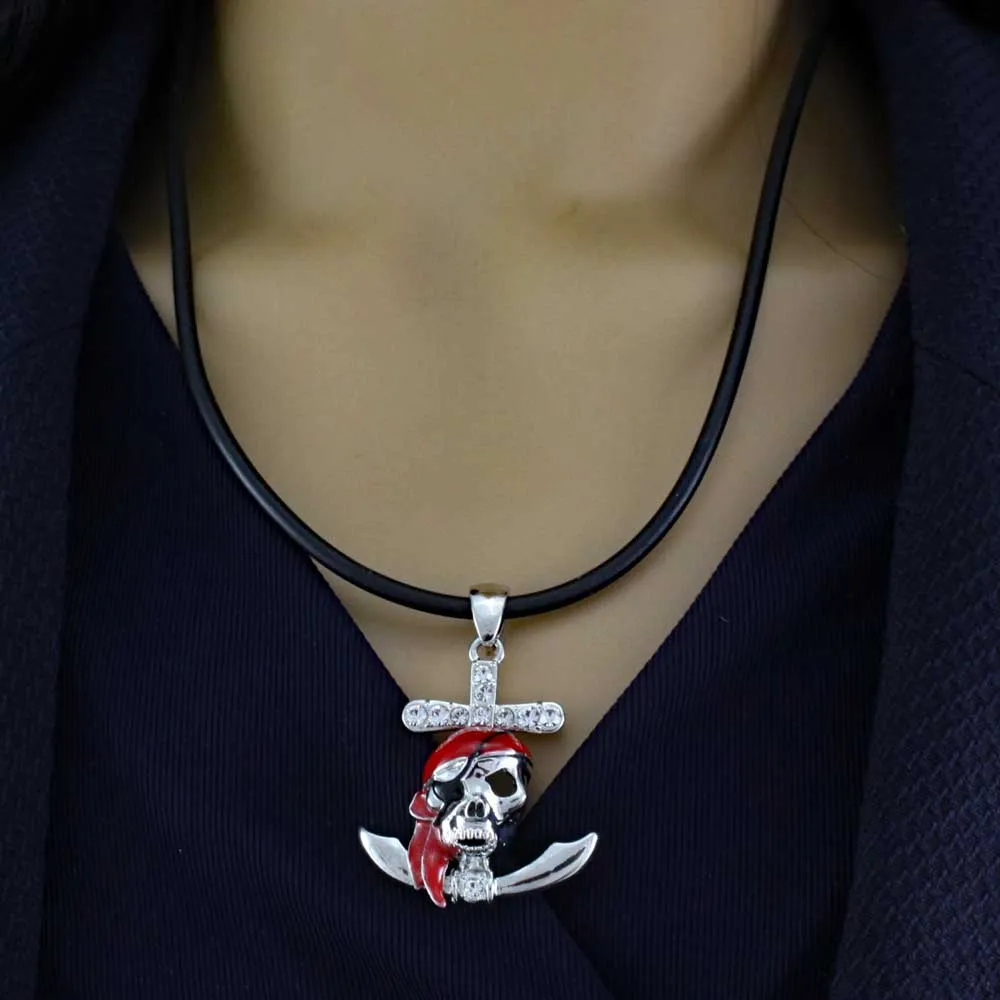 Red Pirate Skull Pendant on Black Rubber Cord - PT789