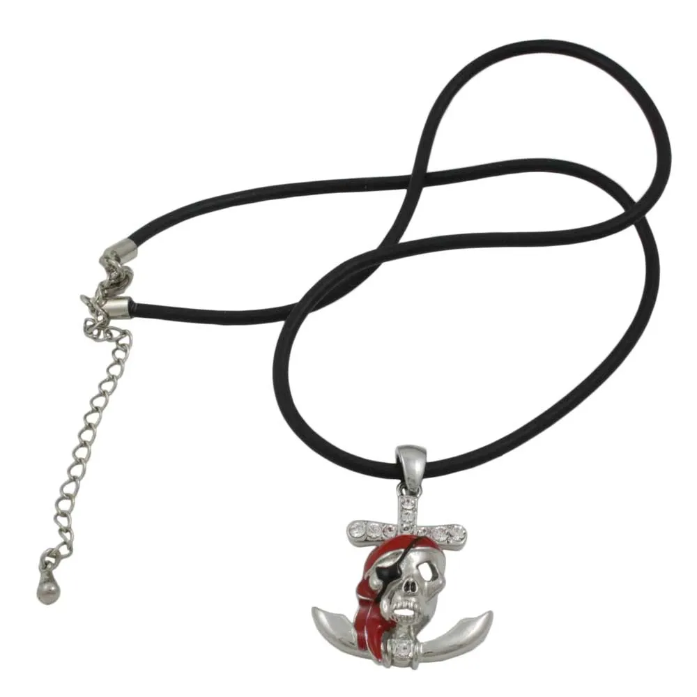 Red Pirate Skull Pendant on Black Rubber Cord - PT789