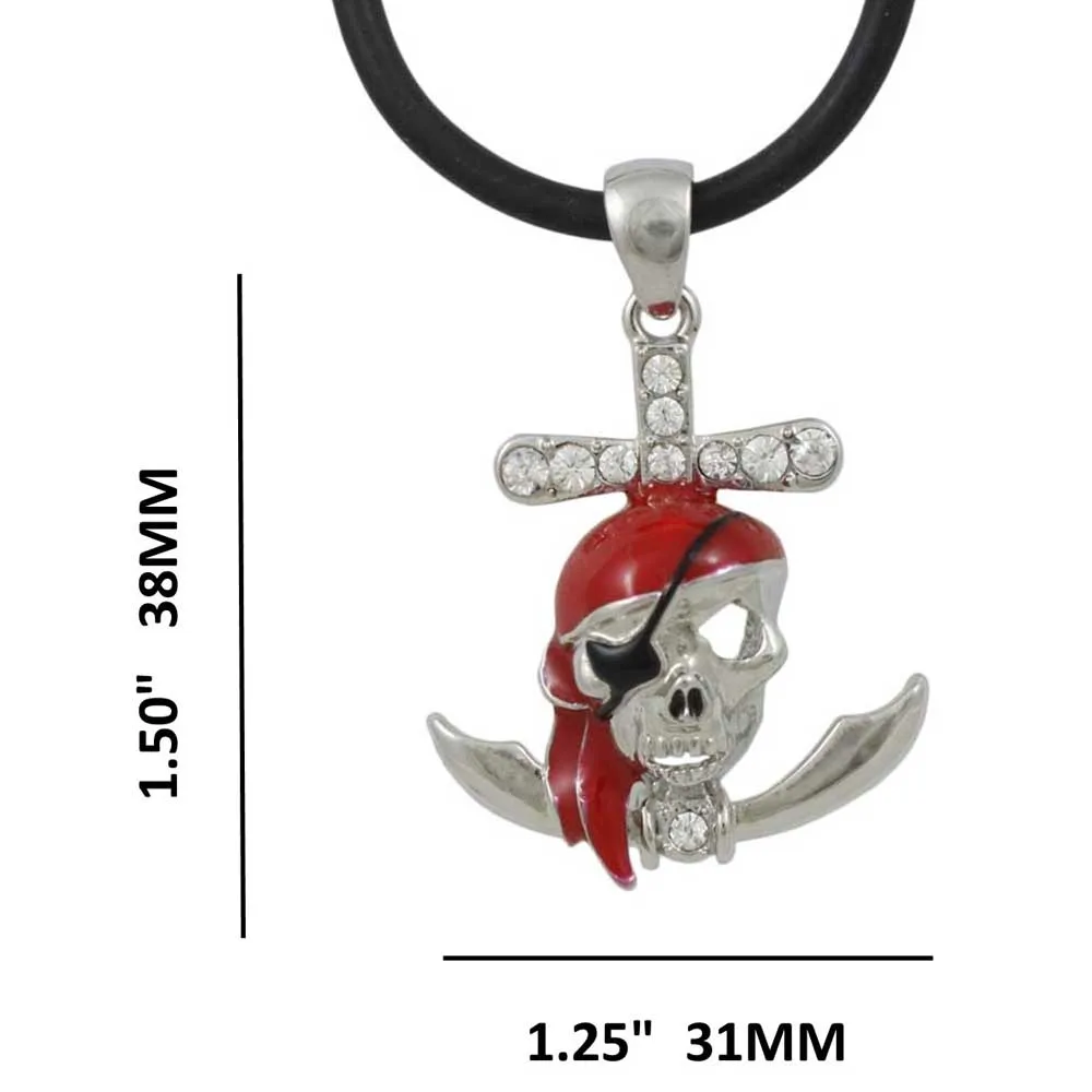 Red Pirate Skull Pendant on Black Rubber Cord - PT789