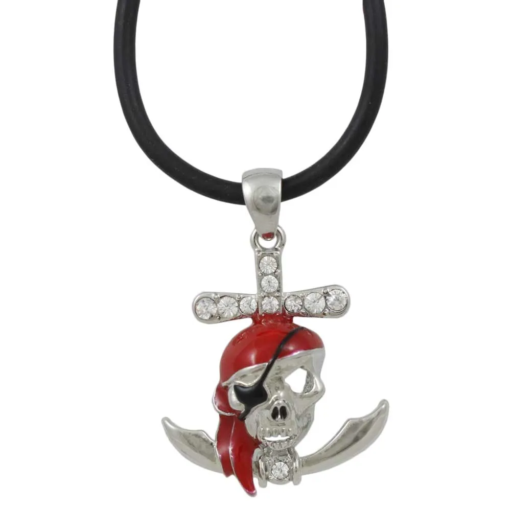 Red Pirate Skull Pendant on Black Rubber Cord - PT789
