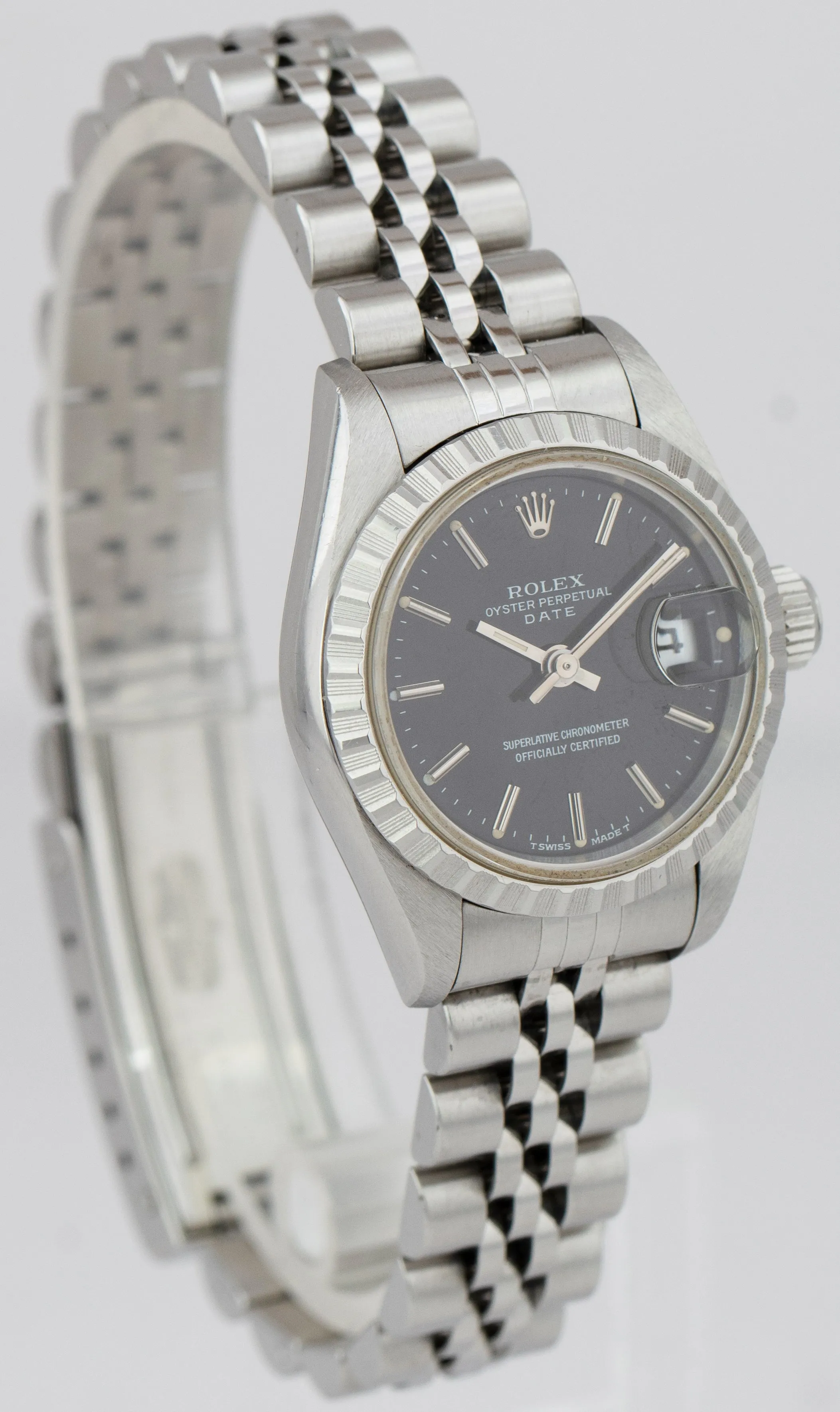Rolex DateJust 26mm Black Stainless Steel Engine-Turned Jubilee Watch 69240