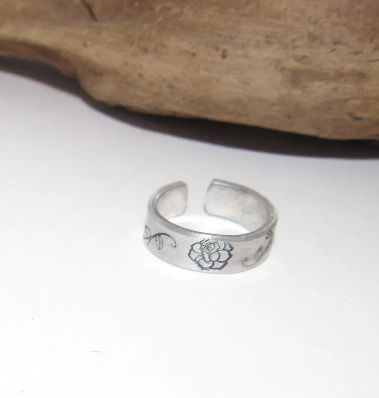 Rose Adjustable stamped ring, rose lover aluminum ring, inspiration rings, adjustable silver ring, stamped jewelry,