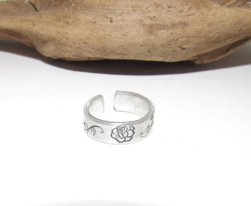 Rose Adjustable stamped ring, rose lover aluminum ring, inspiration rings, adjustable silver ring, stamped jewelry,