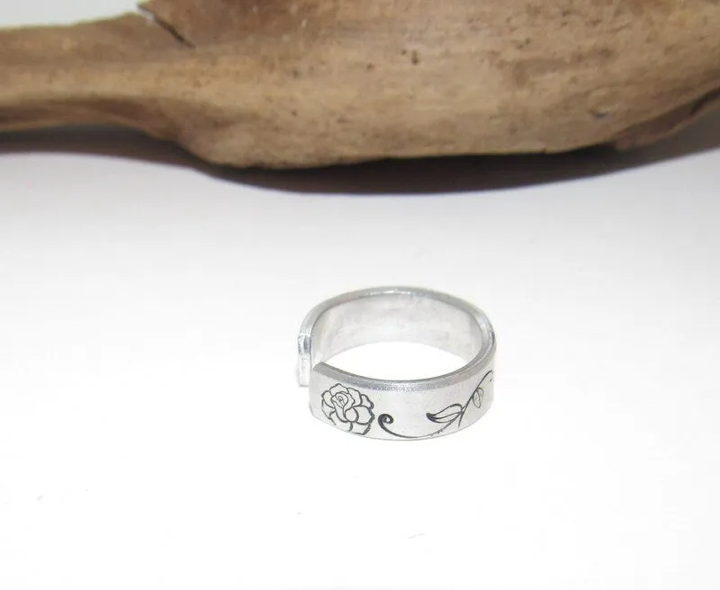 Rose Adjustable stamped ring, rose lover aluminum ring, inspiration rings, adjustable silver ring, stamped jewelry,
