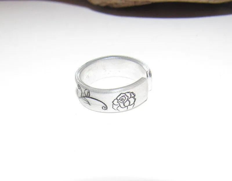 Rose Adjustable stamped ring, rose lover aluminum ring, inspiration rings, adjustable silver ring, stamped jewelry,