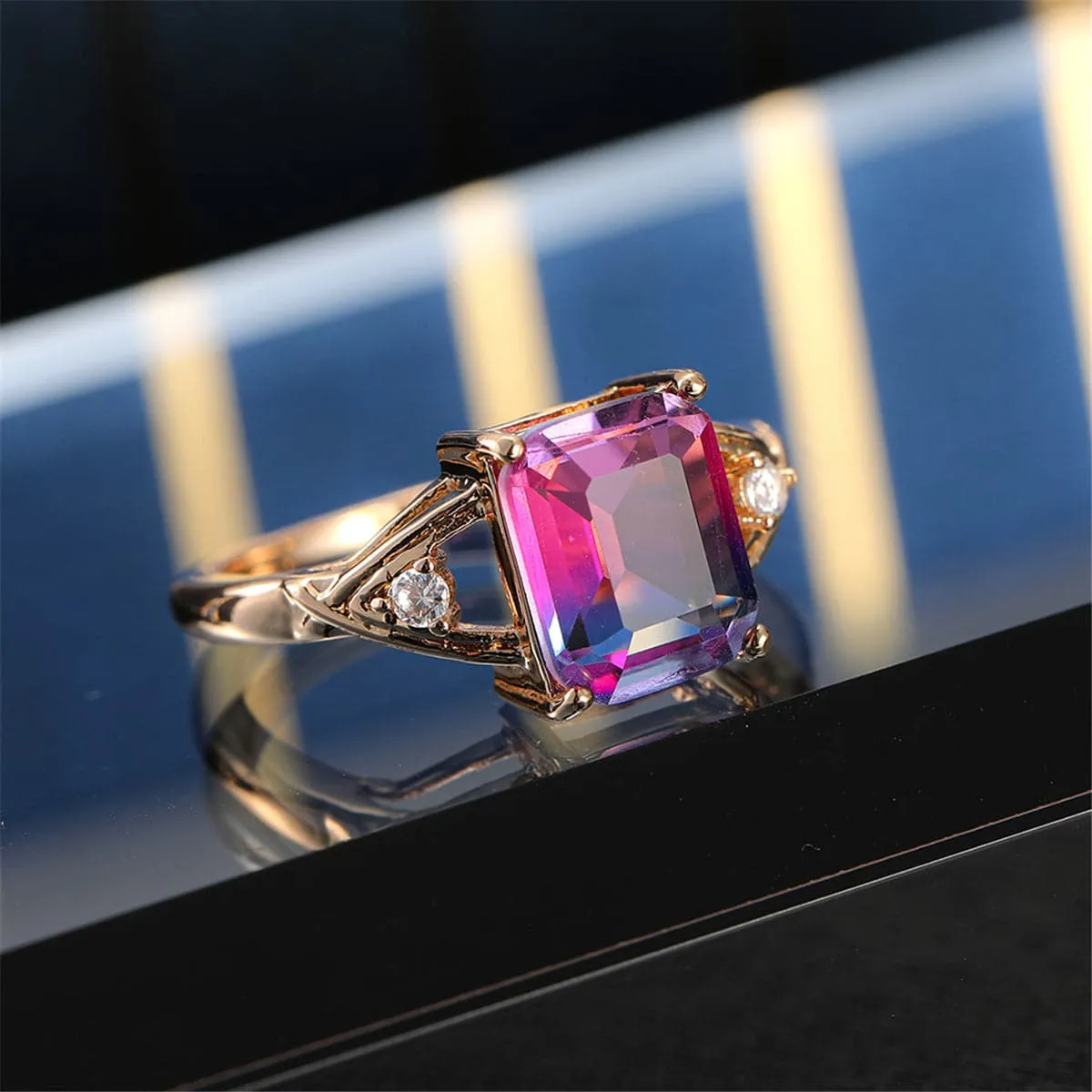 Rose Crystal & Cubic Zirconia Cushion Openwork Ring