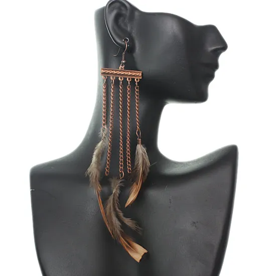 Rose Gold Drop Chain Feather Earrings