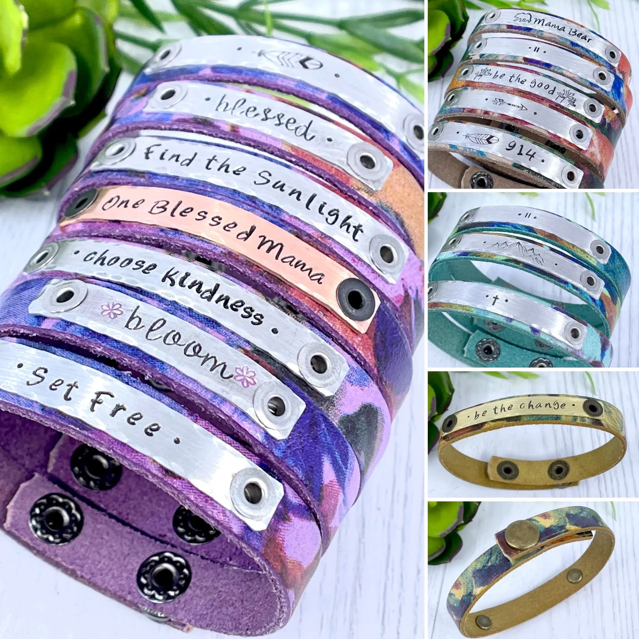 Rose Watercolor Leather | 14 Phrases | Skinny Bracelet | Adjustable