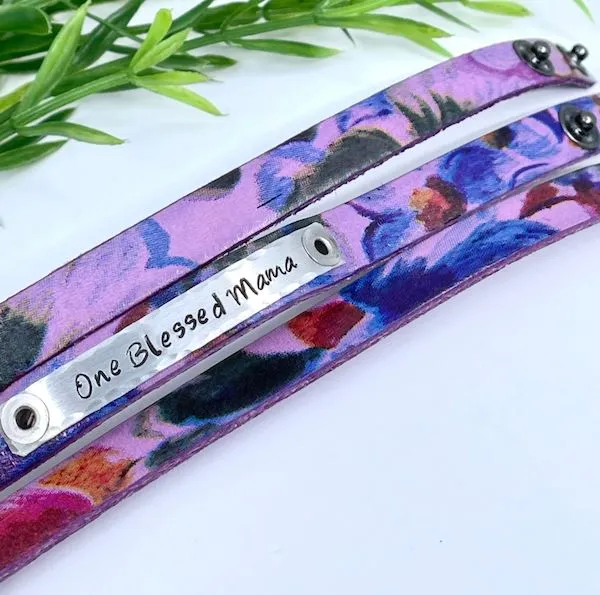 Rose Watercolor Leather | 14 Phrases | Skinny Bracelet | Adjustable