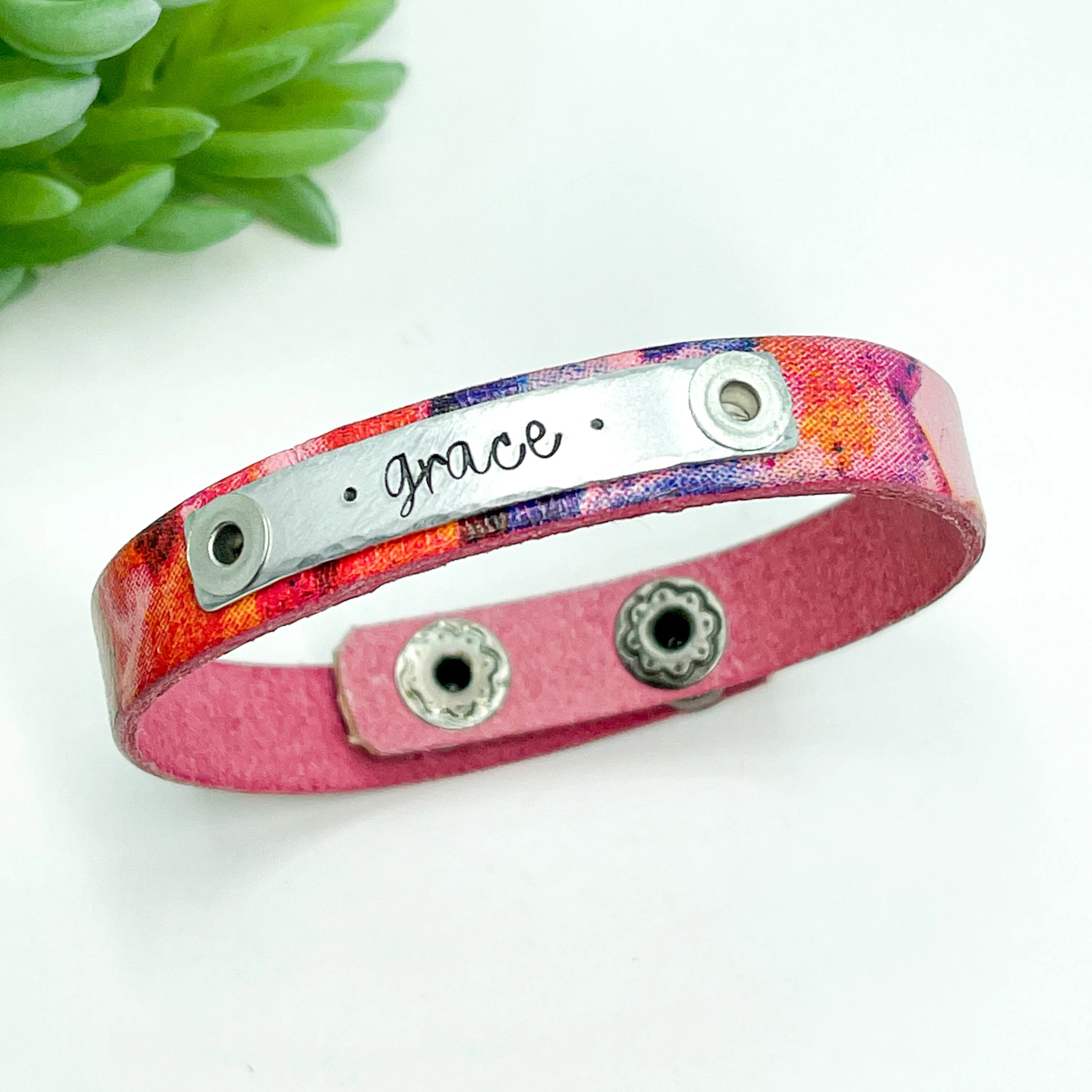 Rose Watercolor Leather | 14 Phrases | Skinny Bracelet | Adjustable