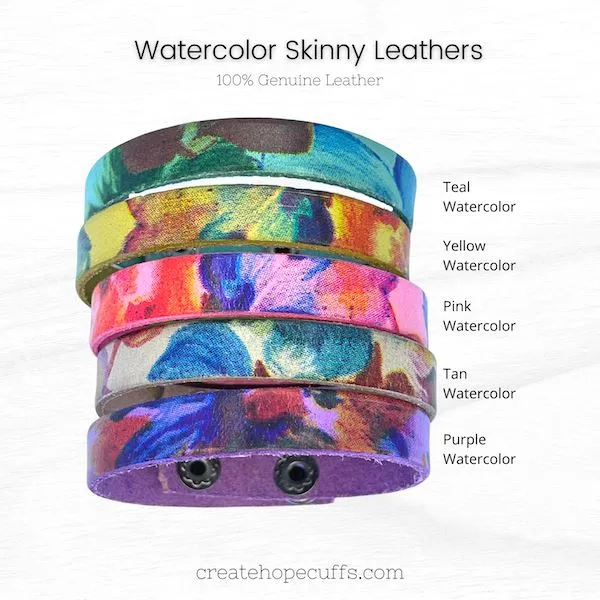 Rose Watercolor Leather | 14 Phrases | Skinny Bracelet | Adjustable