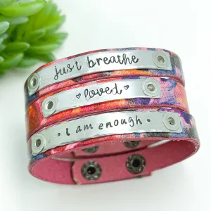 Rose Watercolor Leather | 14 Phrases | Skinny Bracelet | Adjustable