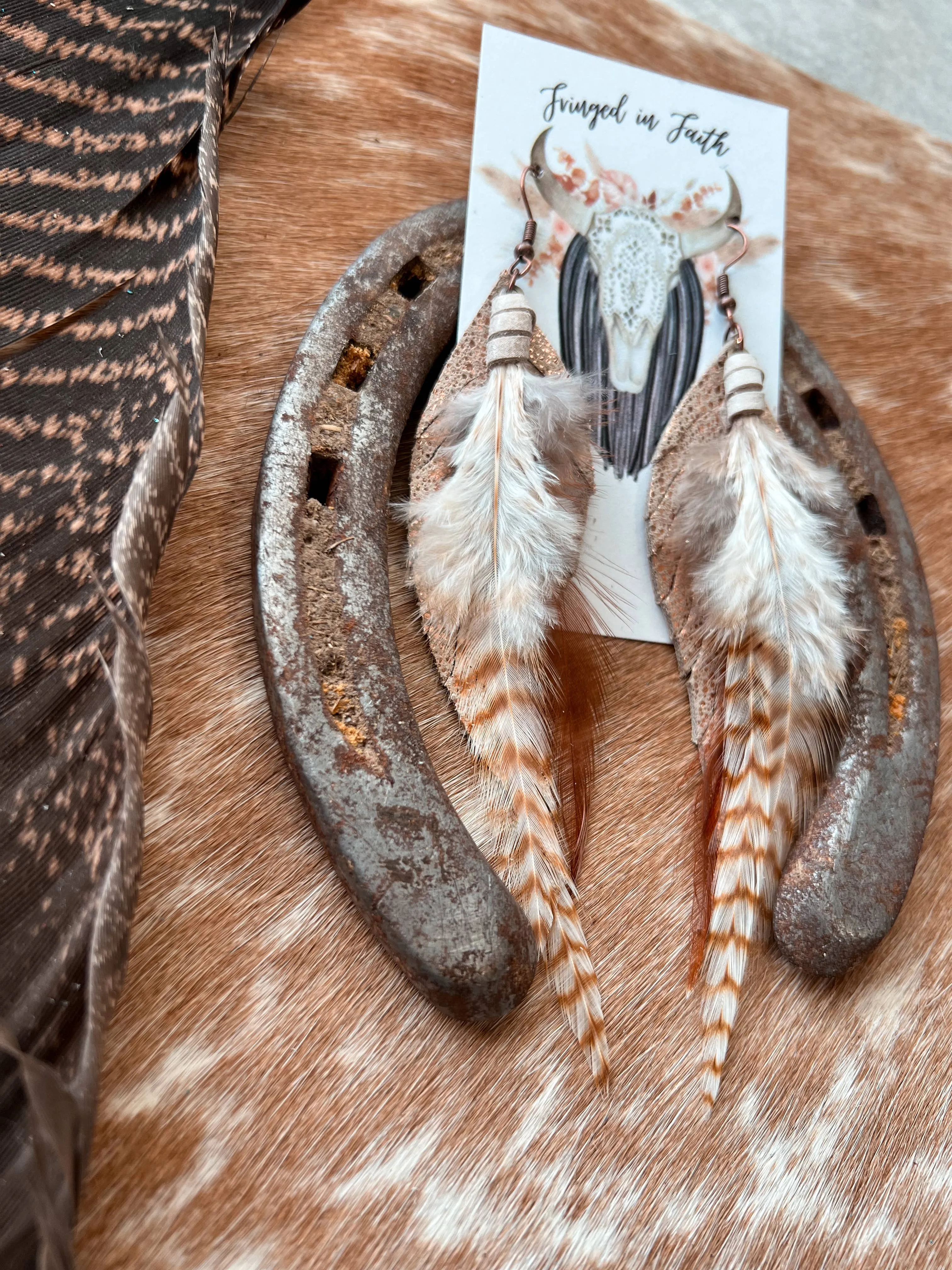 Round Up Feather Earrings | Rose Gold w/ Brown Feathers