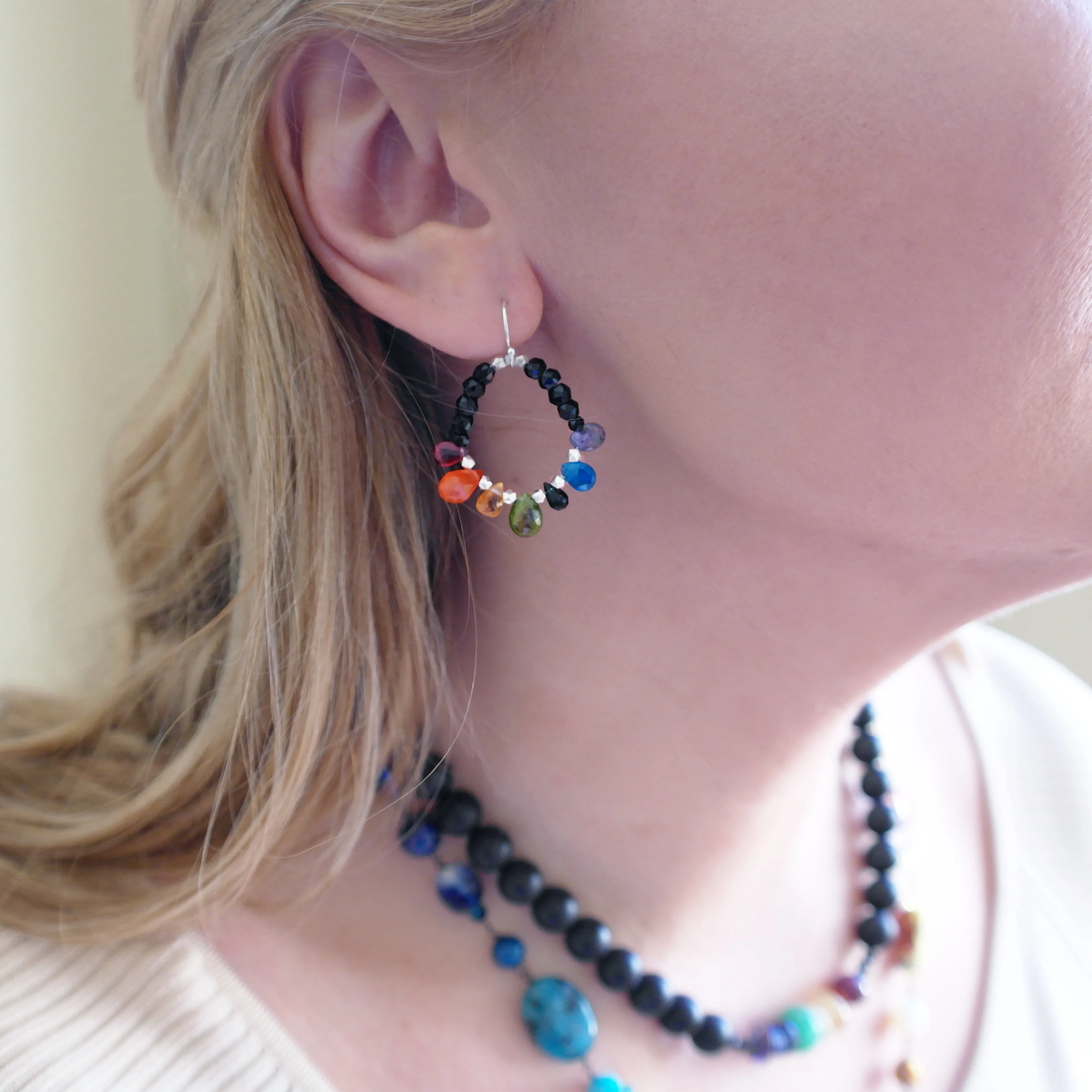 Ruby, emerald, sapphire   rainbow hoop earring
