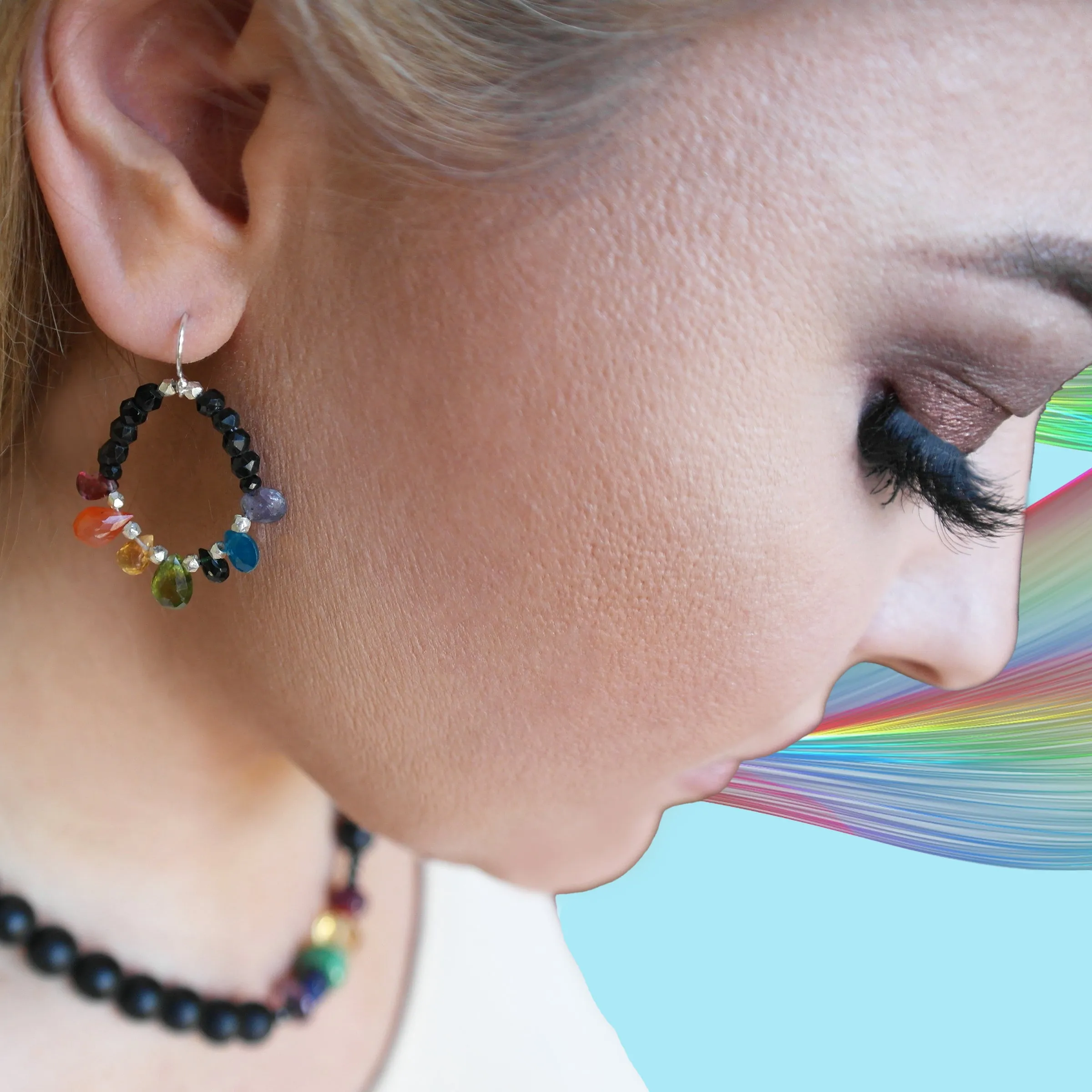 Ruby, emerald, sapphire   rainbow hoop earring