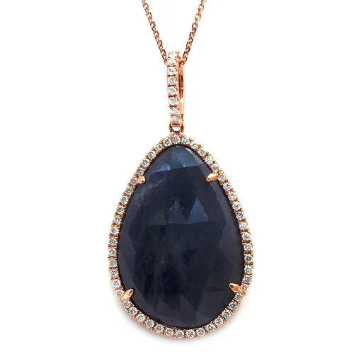 Sapphire Slice Pendant Necklace With Pave Diamonds, 14k Rose Gold
