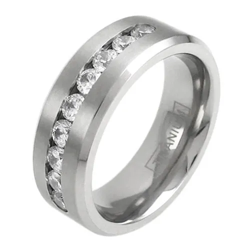 Satin Finish Titanium Ring with Beveled Edges and 9 Brilliant Channel Set CZs
