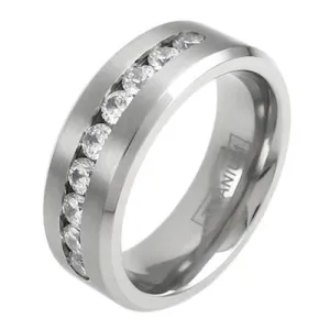 Satin Finish Titanium Ring with Beveled Edges and 9 Brilliant Channel Set CZs