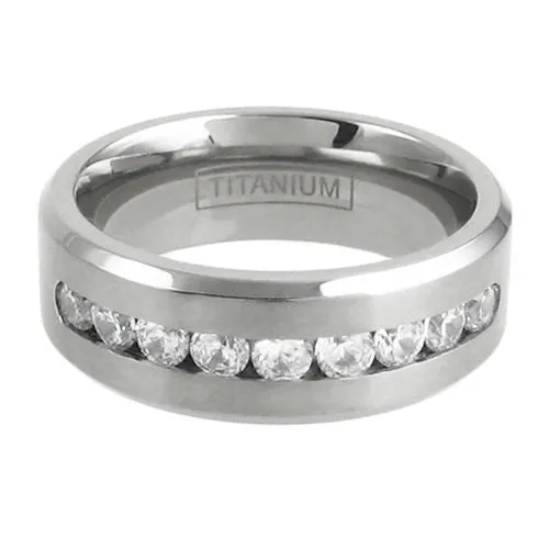 Satin Finish Titanium Ring with Beveled Edges and 9 Brilliant Channel Set CZs