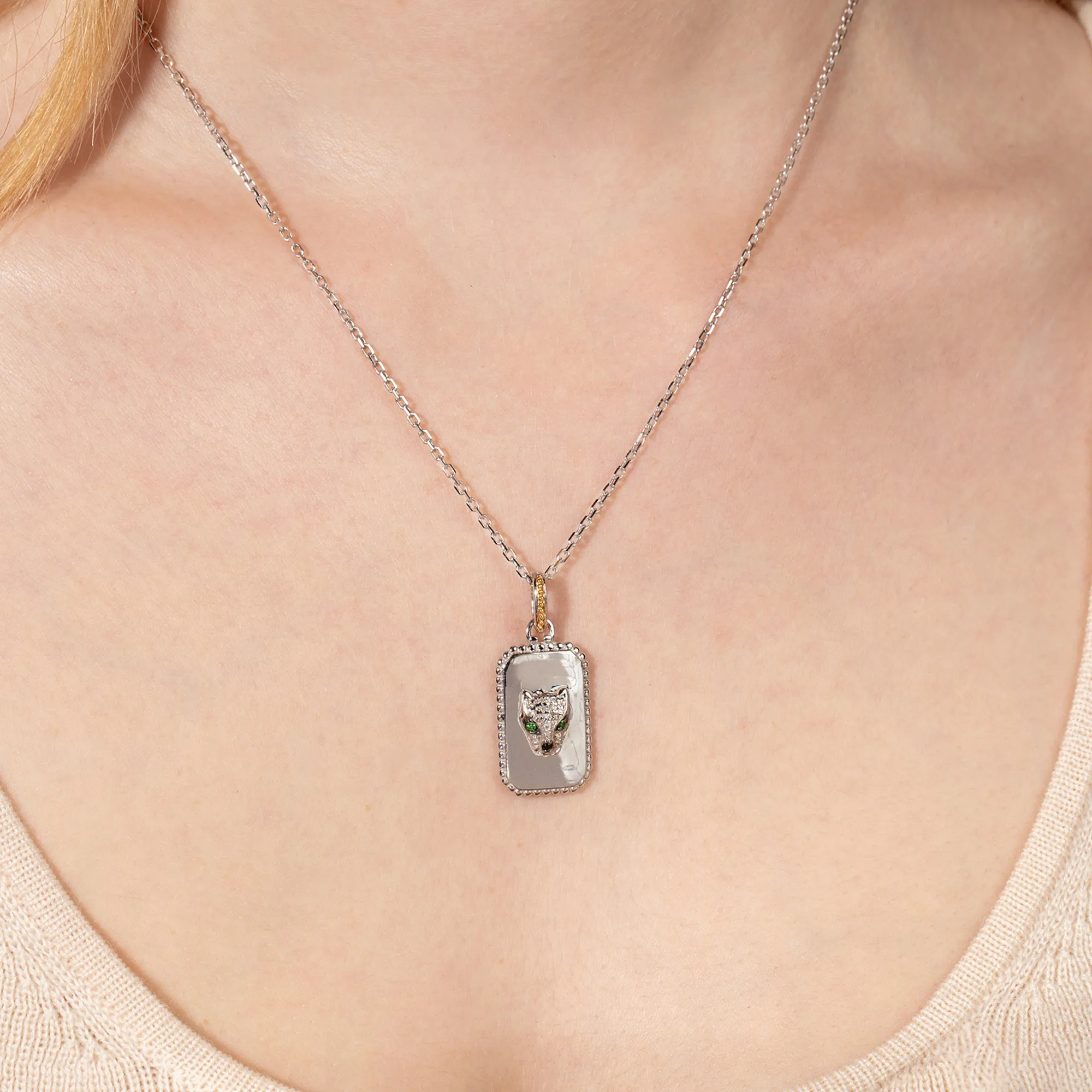 Silver & 18K Gold Diamond Panther Medallion Tag