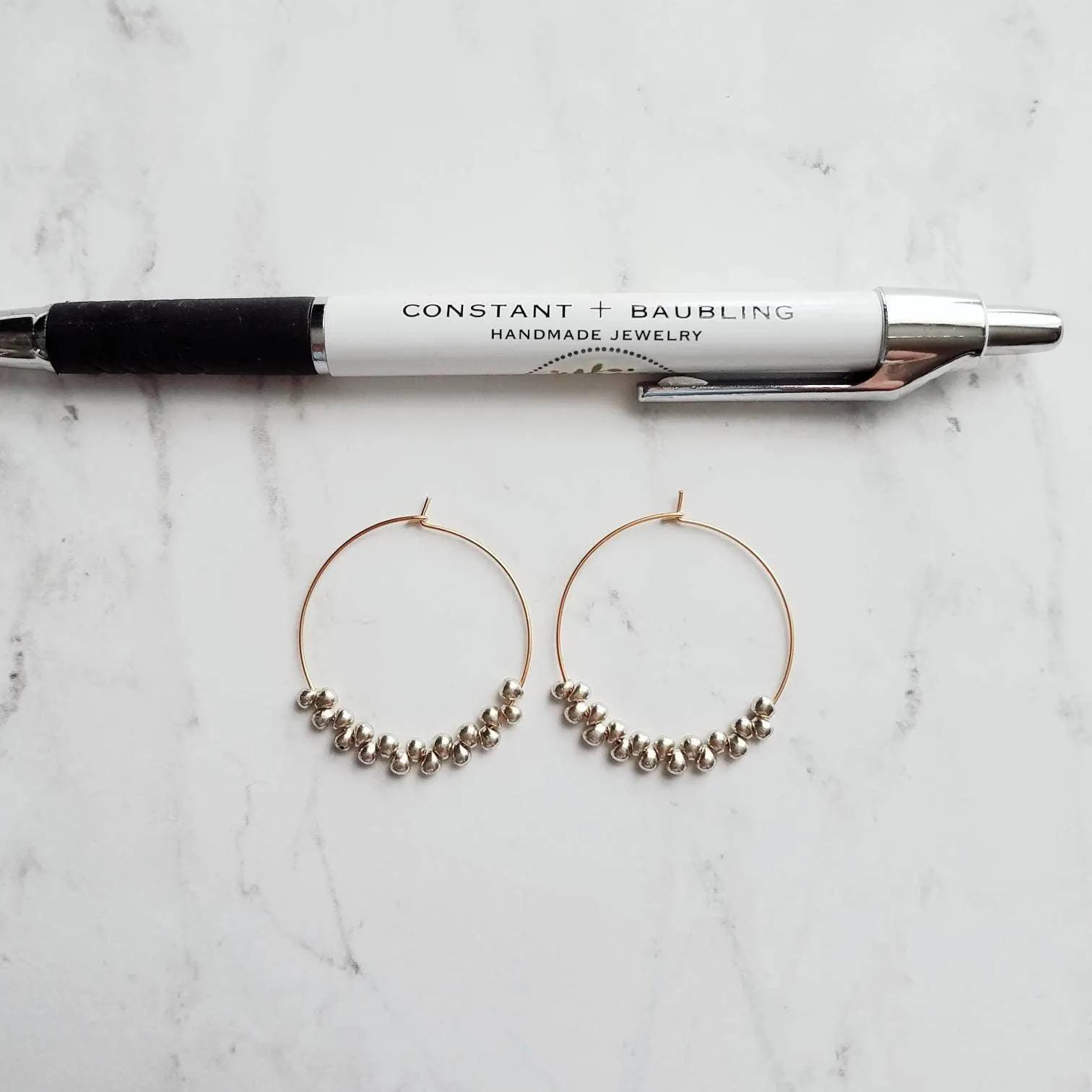 Silver & Gold Hoop Earrings - tiny teardrops beads, beaded hoops, mixed metal earrings, beaded earrings, small hoops, little gold hoops