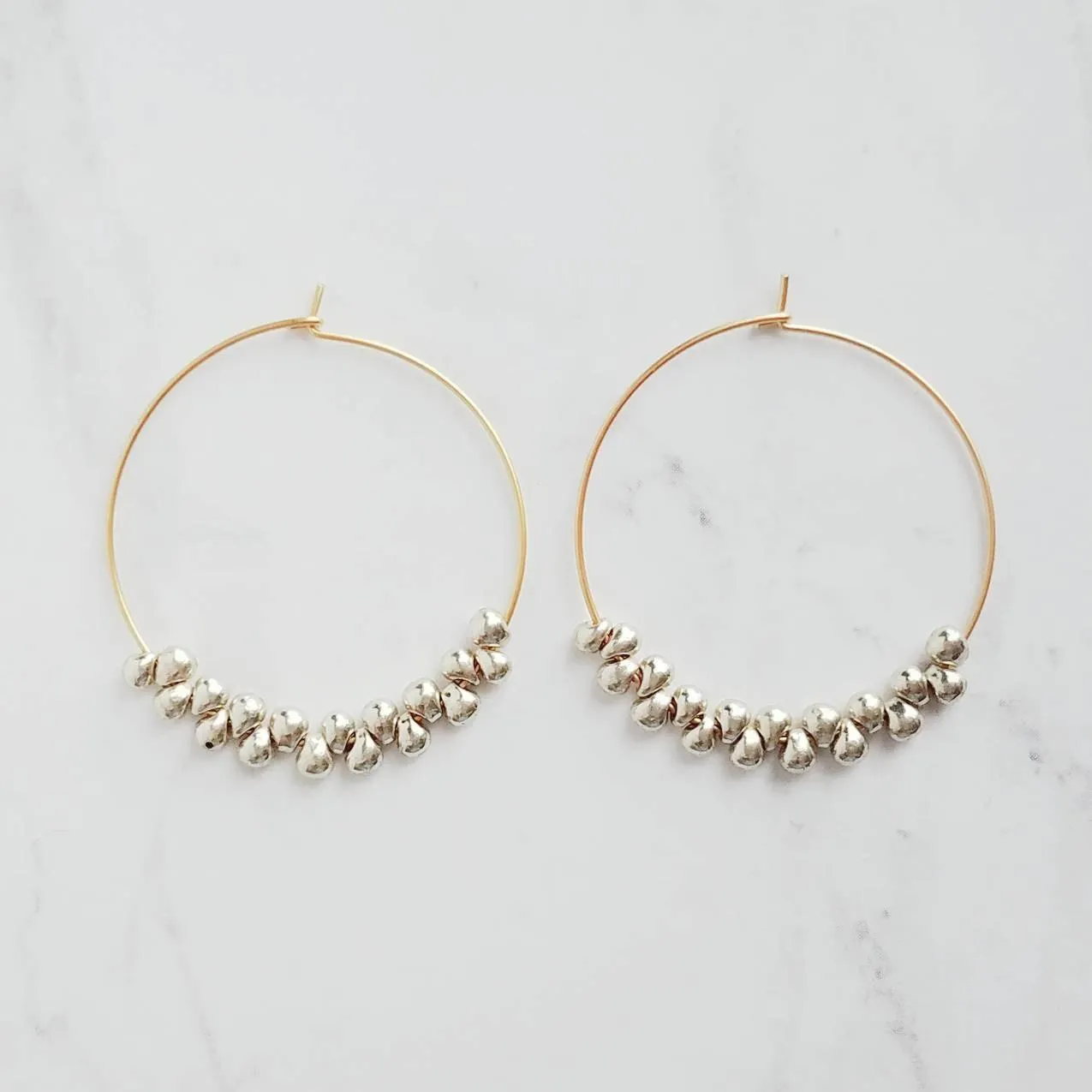 Silver & Gold Hoop Earrings - tiny teardrops beads, beaded hoops, mixed metal earrings, beaded earrings, small hoops, little gold hoops