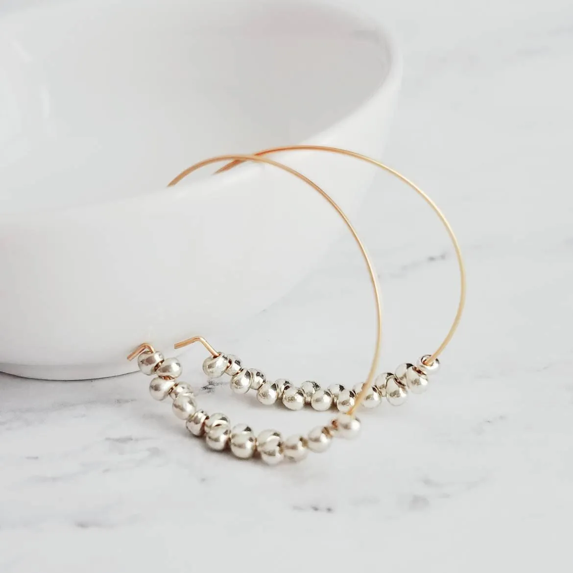 Silver & Gold Hoop Earrings - tiny teardrops beads, beaded hoops, mixed metal earrings, beaded earrings, small hoops, little gold hoops