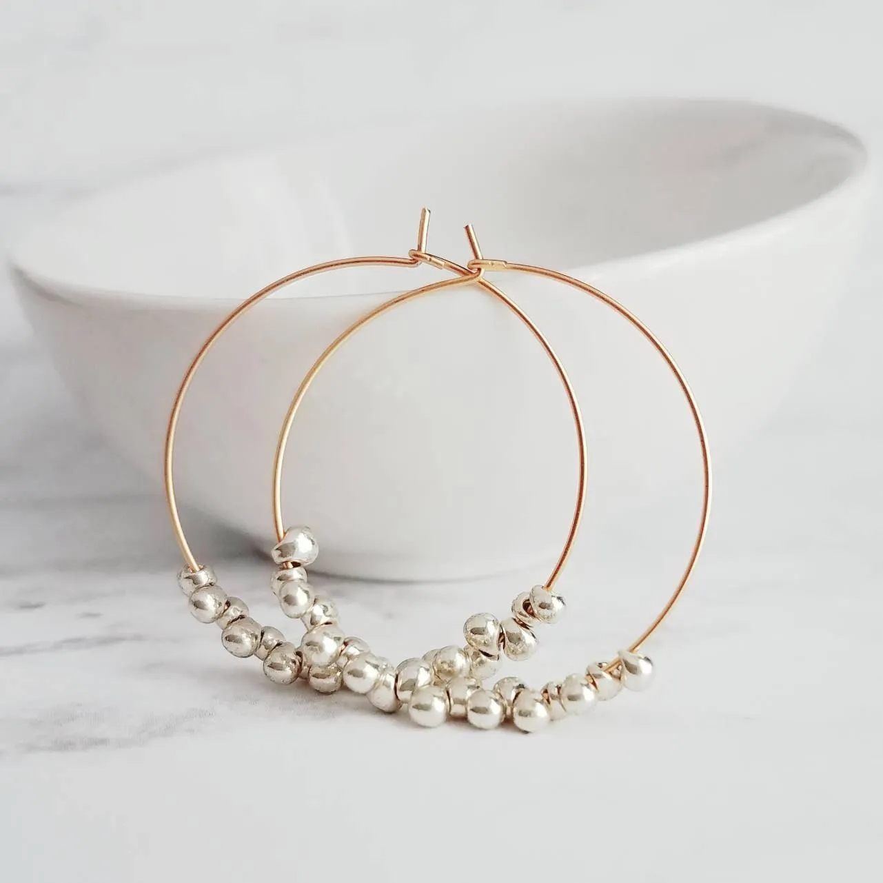 Silver & Gold Hoop Earrings - tiny teardrops beads, beaded hoops, mixed metal earrings, beaded earrings, small hoops, little gold hoops