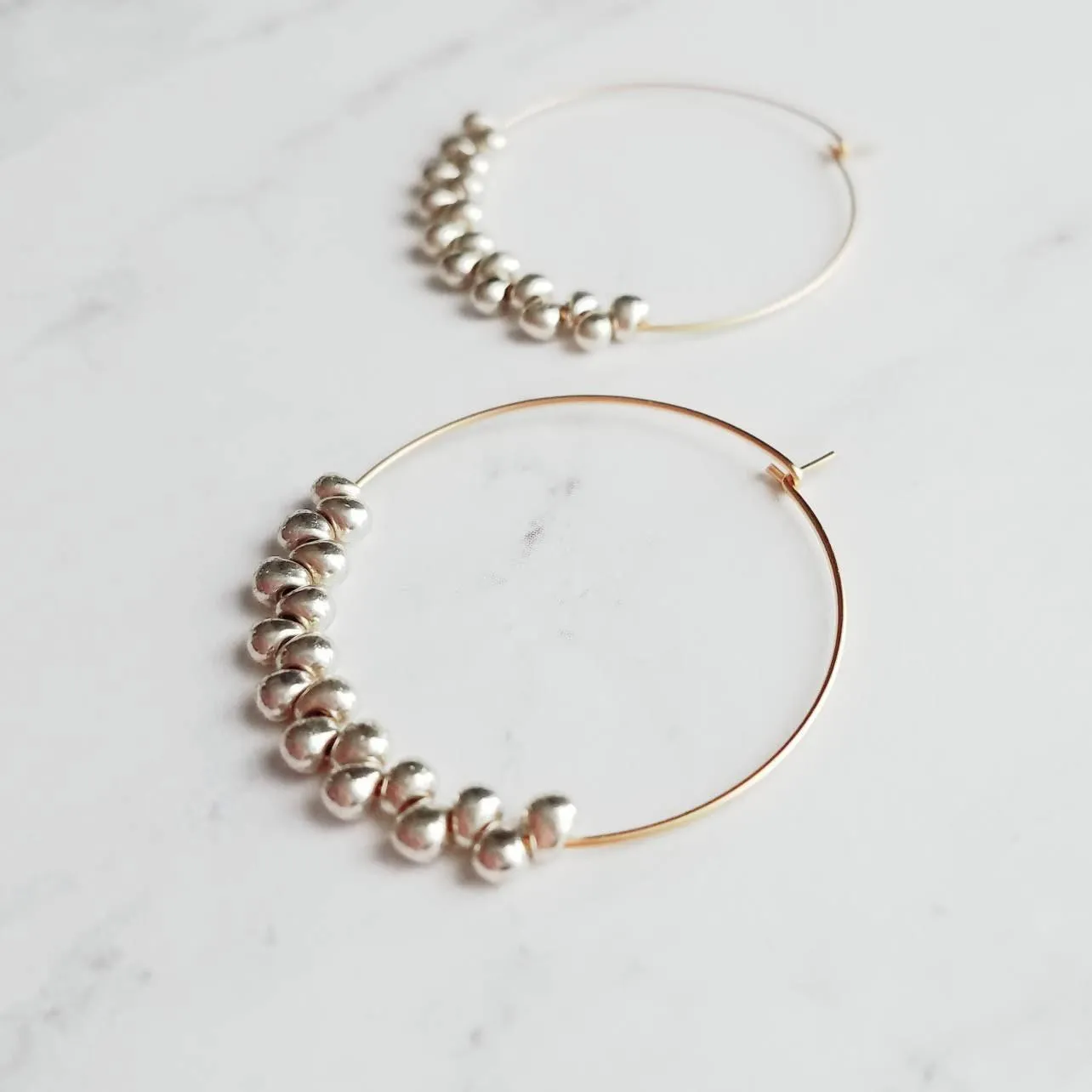 Silver & Gold Hoop Earrings - tiny teardrops beads, beaded hoops, mixed metal earrings, beaded earrings, small hoops, little gold hoops