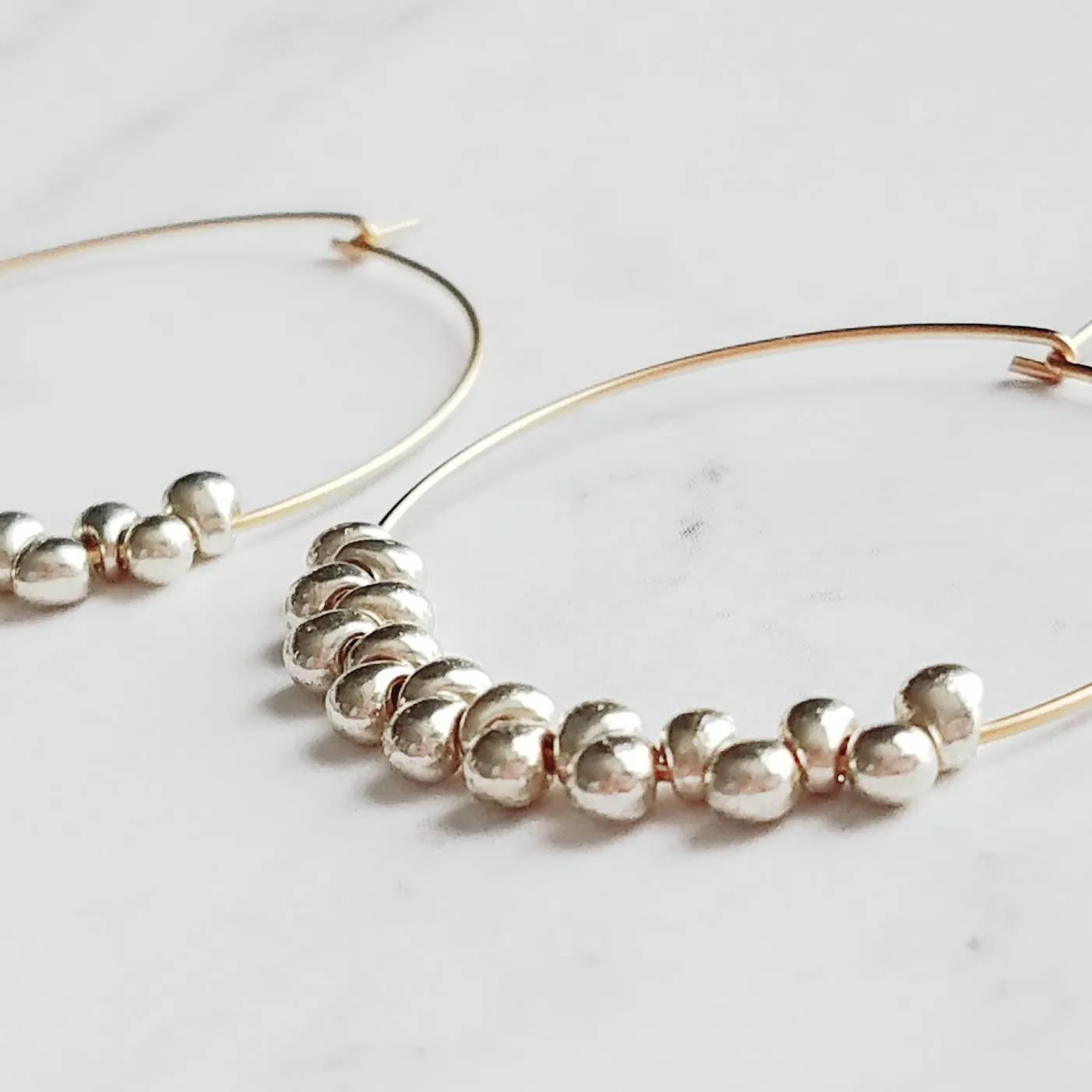 Silver & Gold Hoop Earrings - tiny teardrops beads, beaded hoops, mixed metal earrings, beaded earrings, small hoops, little gold hoops