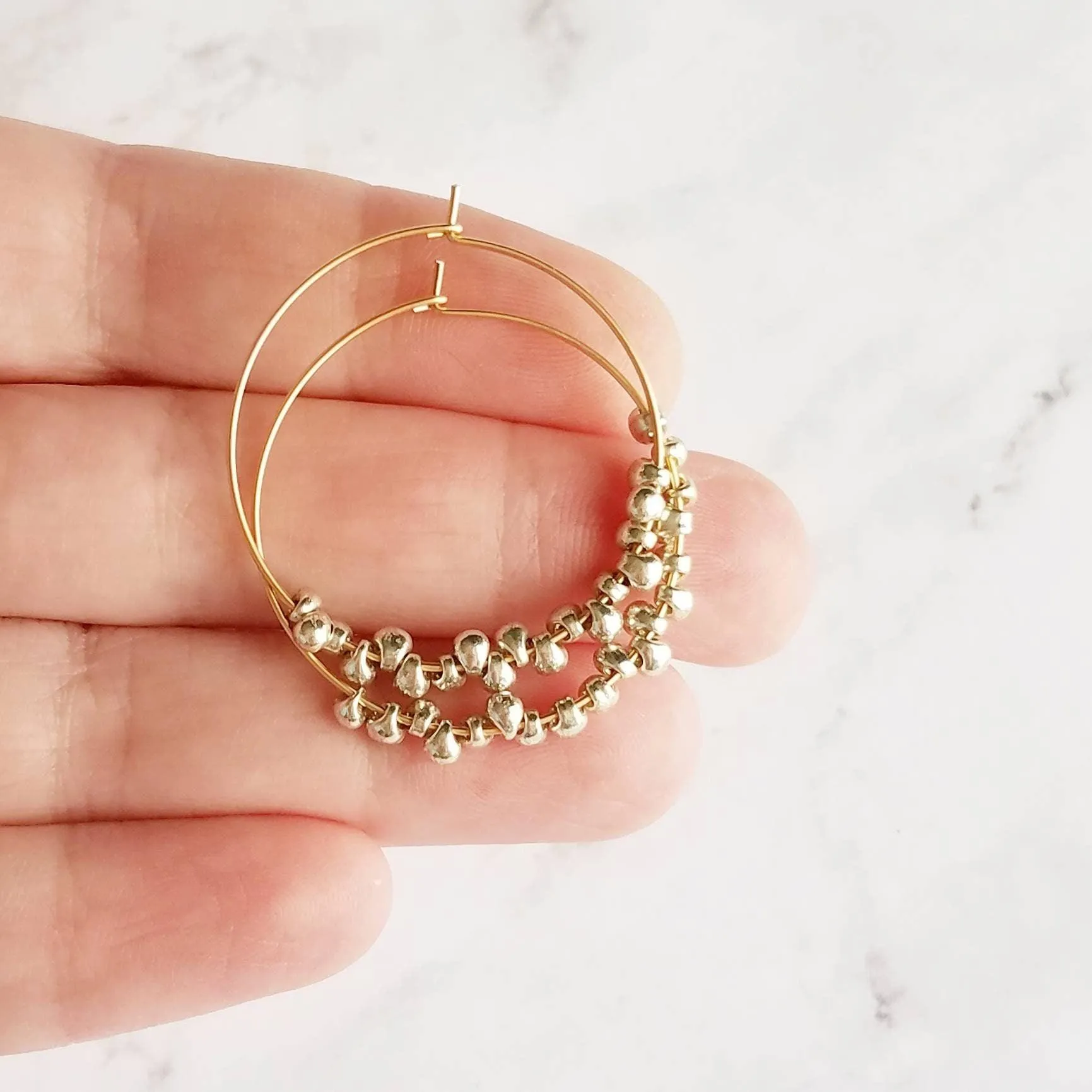 Silver & Gold Hoop Earrings - tiny teardrops beads, beaded hoops, mixed metal earrings, beaded earrings, small hoops, little gold hoops
