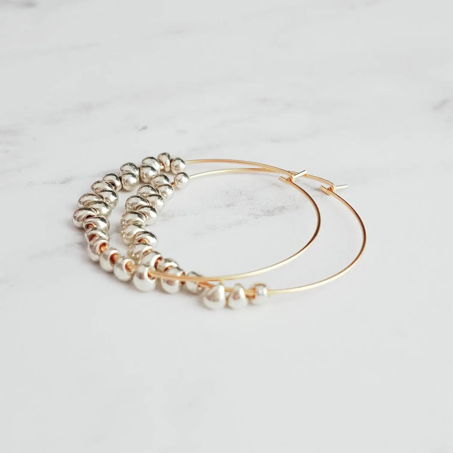 Silver & Gold Hoop Earrings - tiny teardrops beads, beaded hoops, mixed metal earrings, beaded earrings, small hoops, little gold hoops