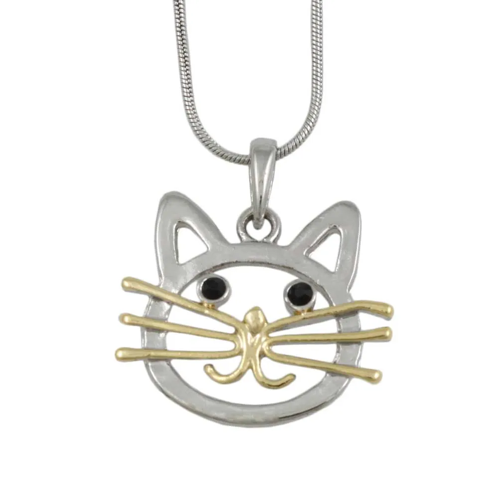 Silver and Gold Cat Head Pendant with Silver Chain - PT324