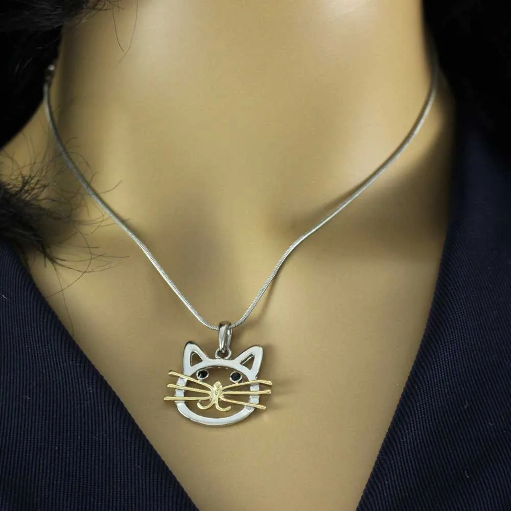 Silver and Gold Cat Head Pendant with Silver Chain - PT324