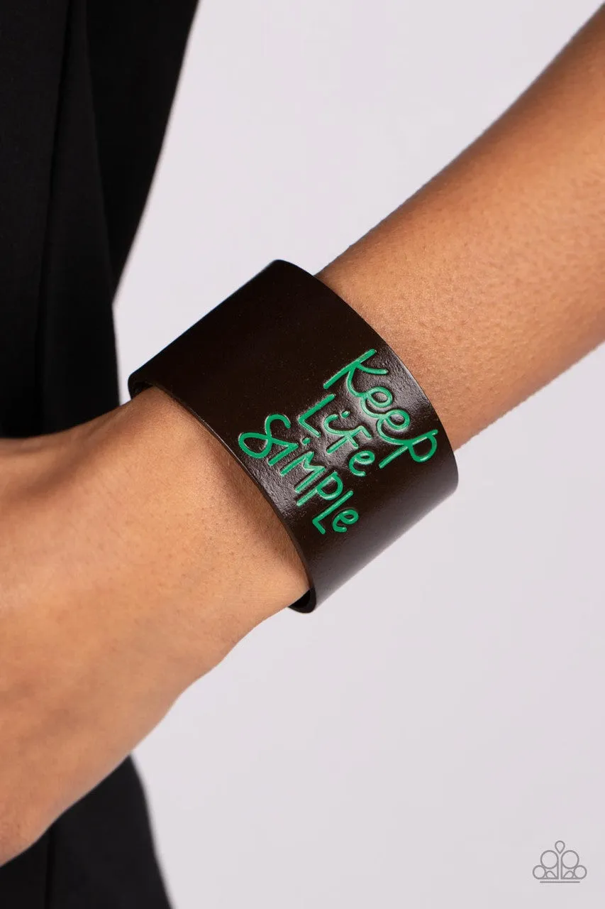 Simply Stunning - Green - Brown Leather "Keep Life Simple" Script Inspirational Paparazzi Wrap Bracelet