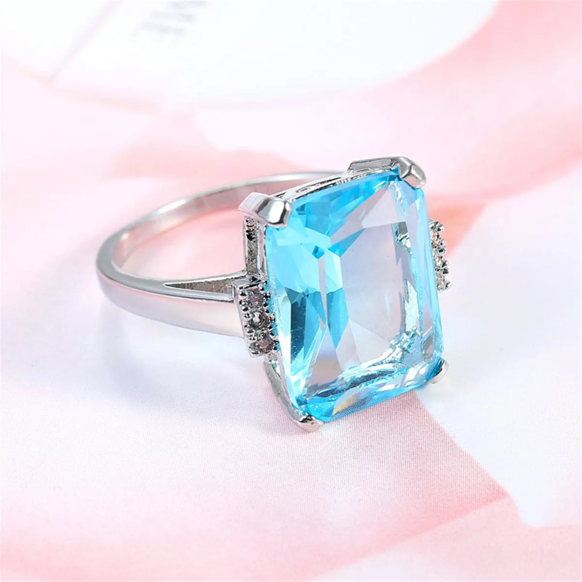 Sky Blue Cubic Zirconia & Crystal Radiant-Cut Ring