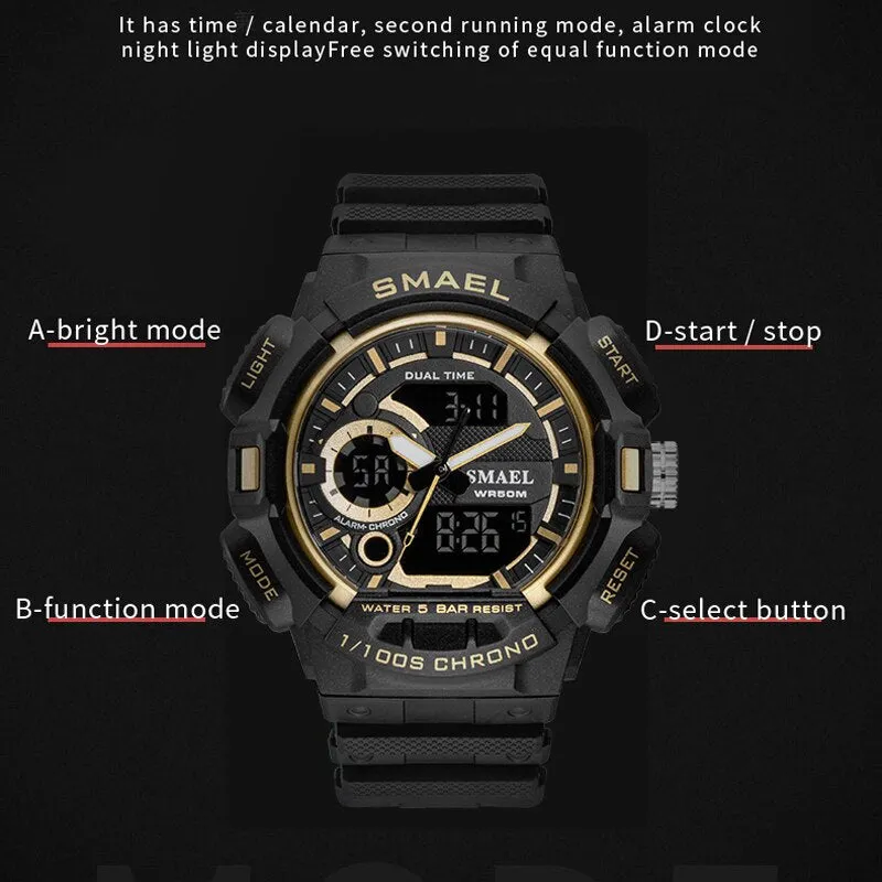 SMAEL Fashion Digital-Watch Mens Sports Watches Army Military Wristwatch Clock Men Quartz Stopwatch Chronograph Analog Watch